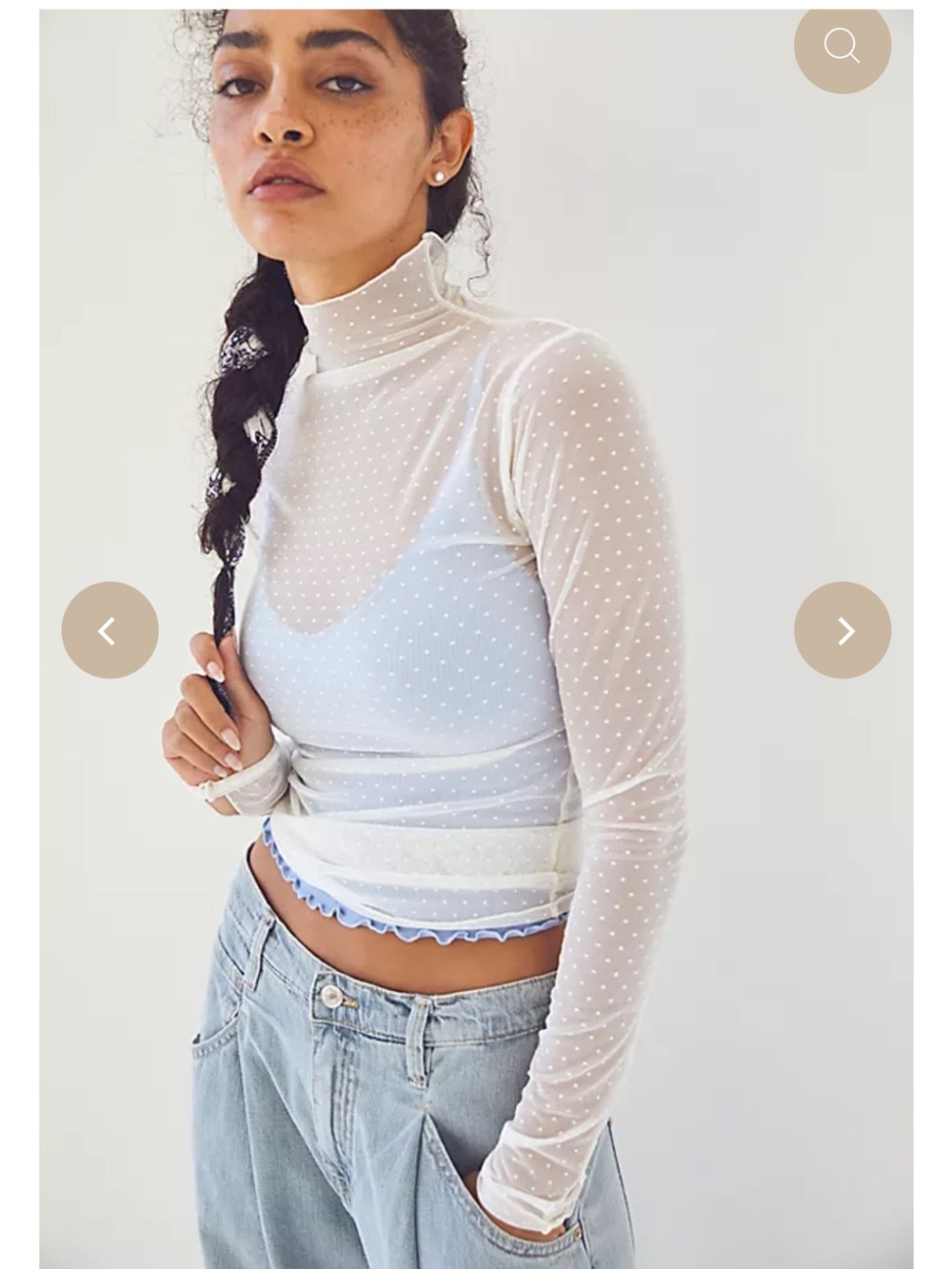 Free People White Sheer Polka Dot Mock Neck Top